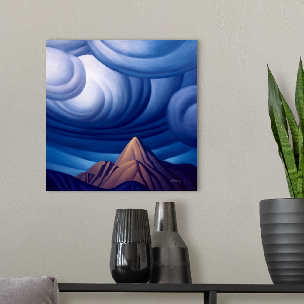 A modern room featuring Landscape painting of Imagination Peak, a mountain which was conceived in the artists mind.