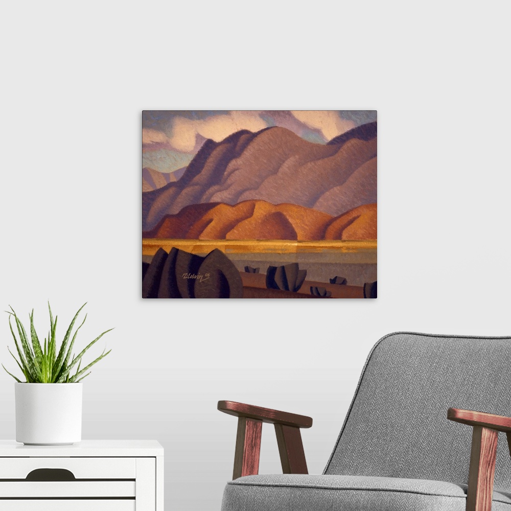 A modern room featuring Contemporary landscape painting of the desert near Indio, California
