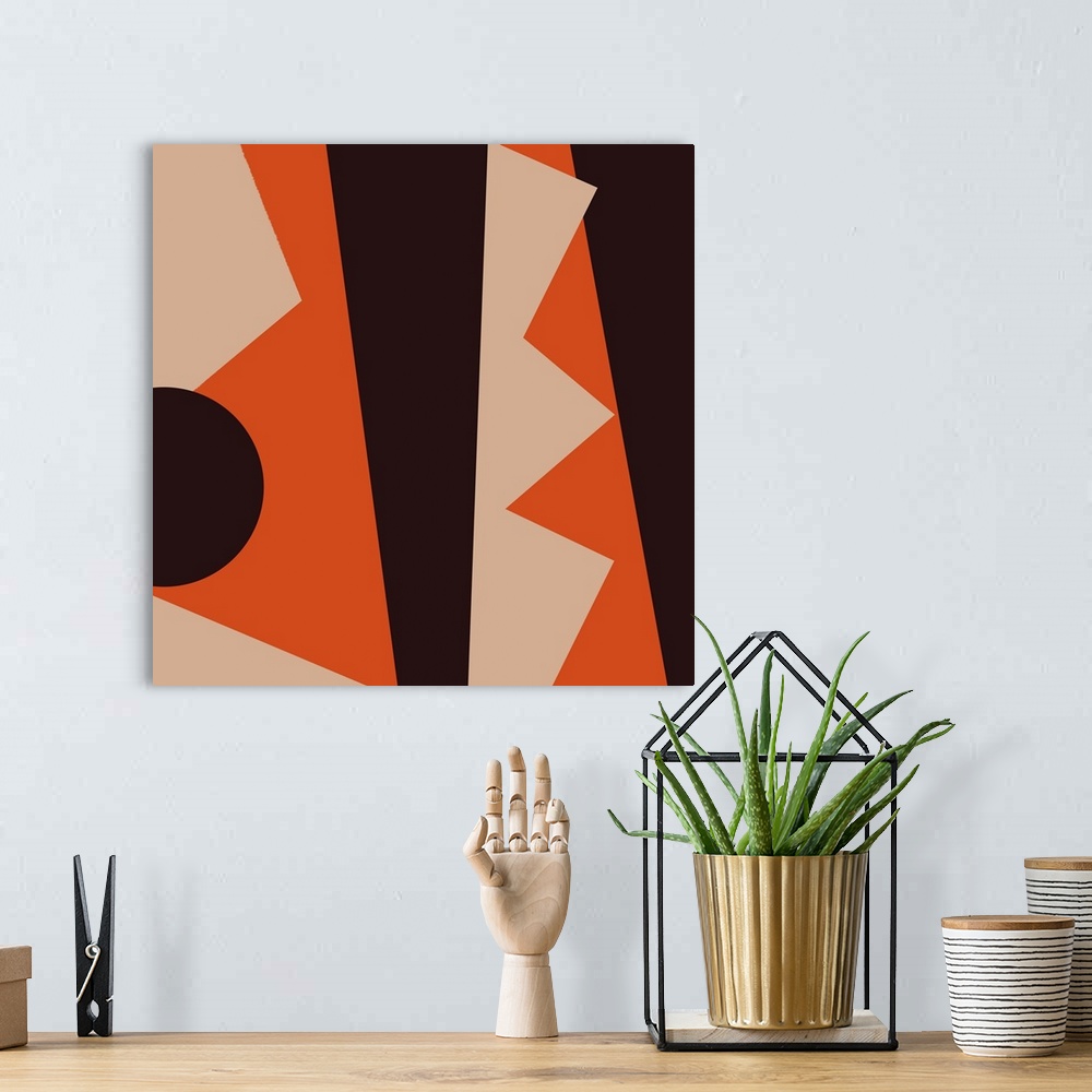 A bohemian room featuring Geometric abstract design in black and orange.