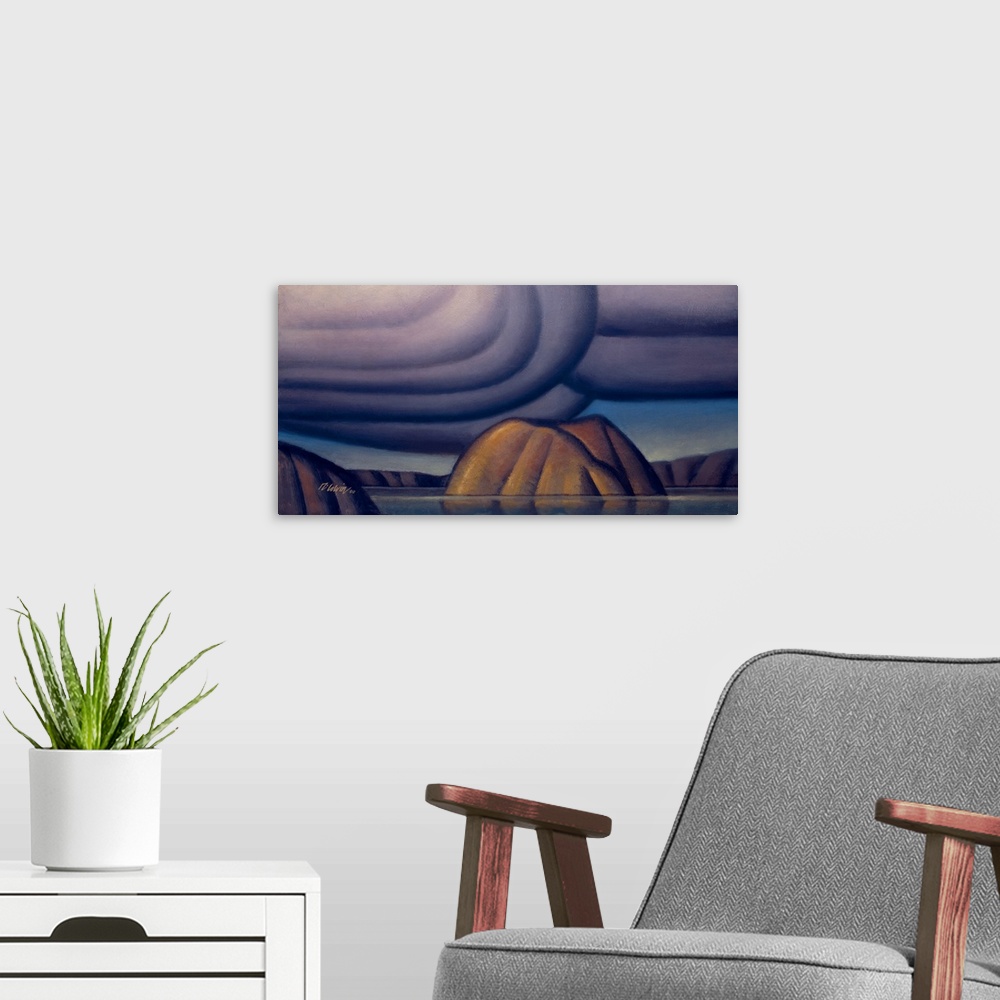 A modern room featuring Landscape painting of a lone island in a lake with cool tones.
