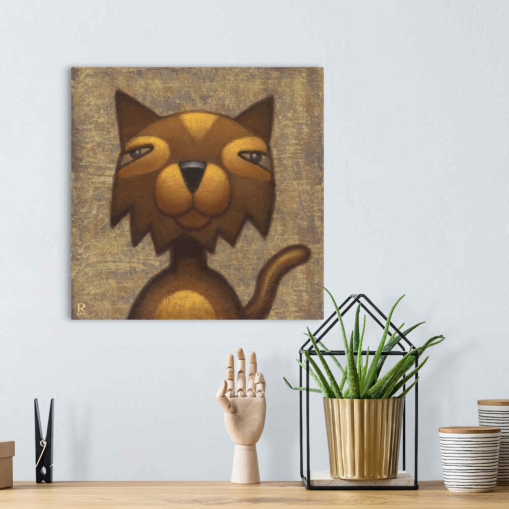 A bohemian room featuring Square artwork of a brown and gold cat on a textured matching background.