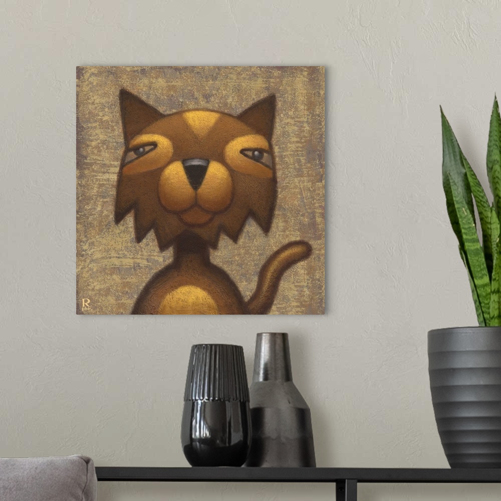 A modern room featuring Square artwork of a brown and gold cat on a textured matching background.