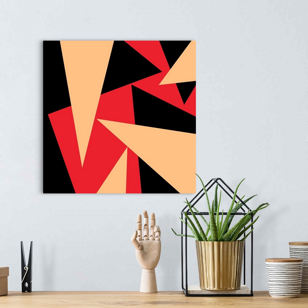 A bohemian room featuring Modern geometric abstract design in red and black.