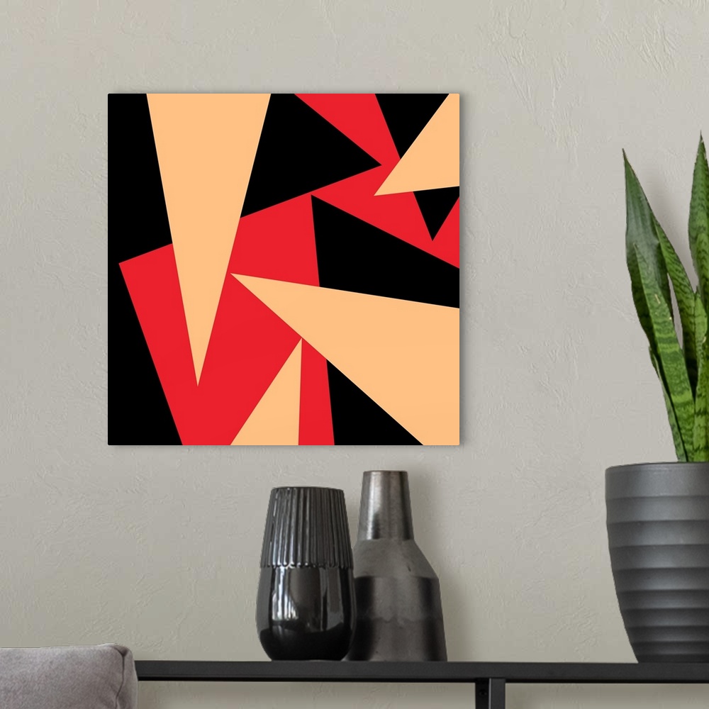 A modern room featuring Modern geometric abstract design in red and black.