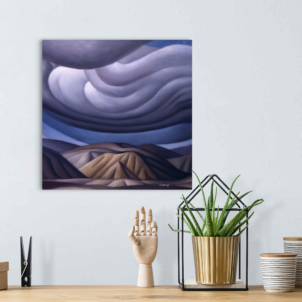A bohemian room featuring Landscape painting of mountains and swirling clouds.