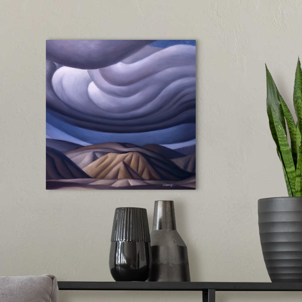 A modern room featuring Landscape painting of mountains and swirling clouds.