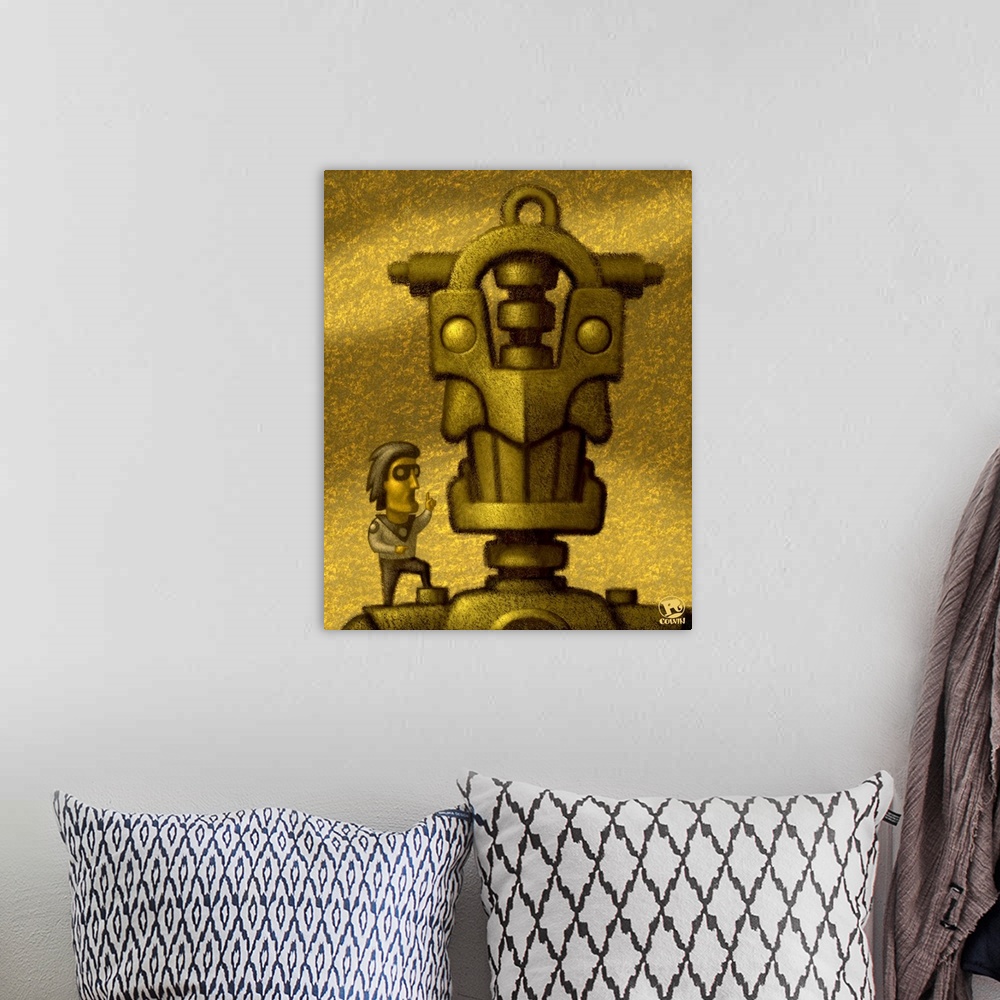 A bohemian room featuring Digital art of a robot and a super hero discussing the importance of robot manners.