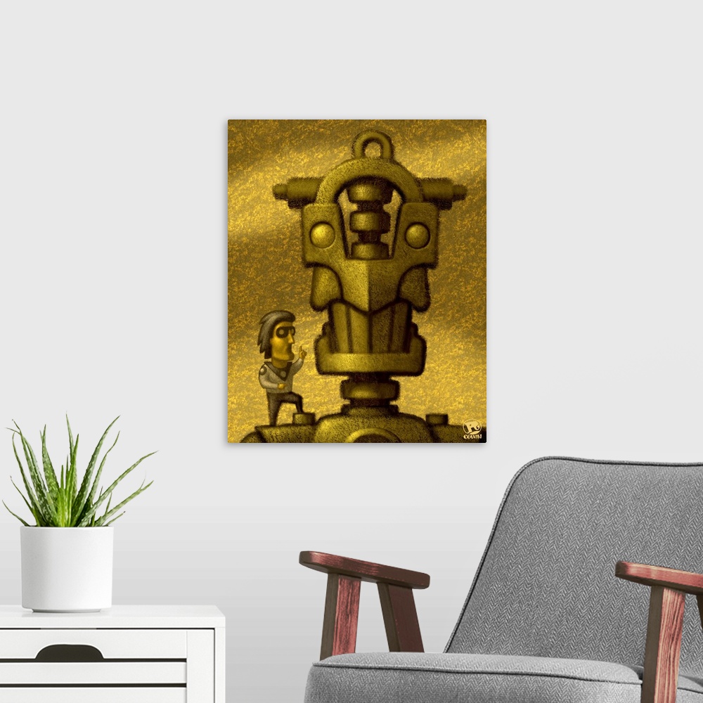 A modern room featuring Digital art of a robot and a super hero discussing the importance of robot manners.