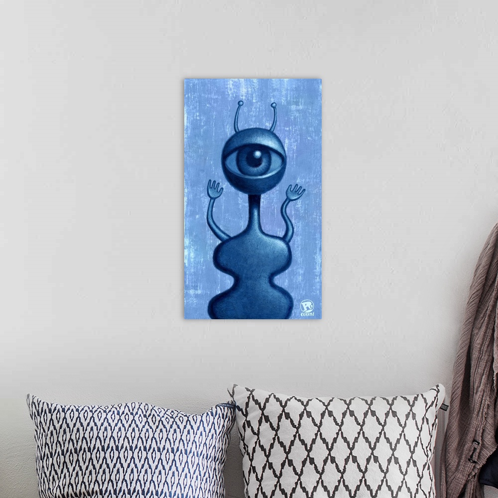 A bohemian room featuring This is an acrylic painting of Fred. He has one large eye for excellent nocturnal vision. He only...