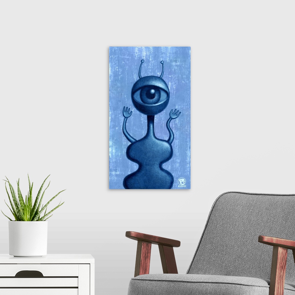 A modern room featuring This is an acrylic painting of Fred. He has one large eye for excellent nocturnal vision. He only...