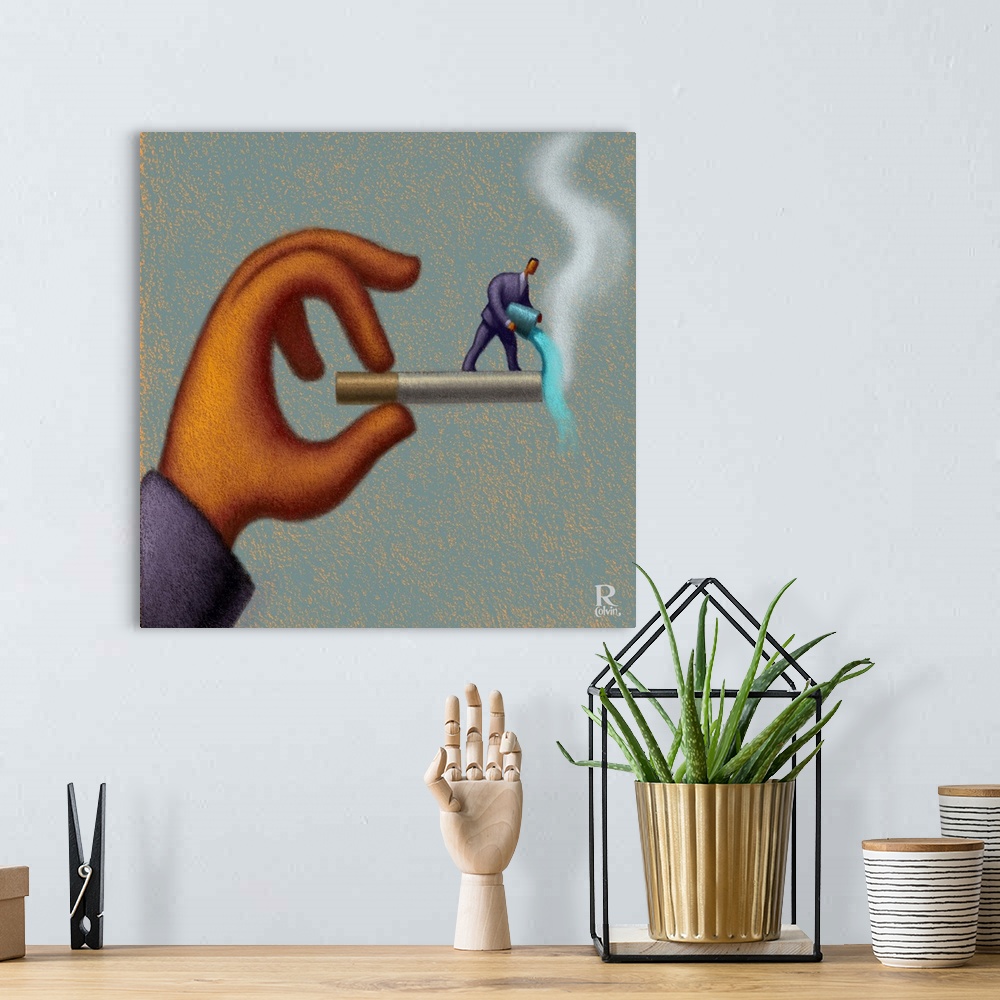 A bohemian room featuring Conceptual painting of a small man on the end of a cigarette dowsing it with water.