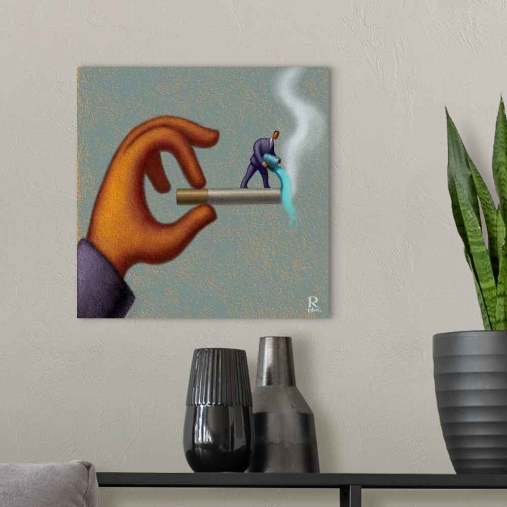 A modern room featuring Conceptual painting of a small man on the end of a cigarette dowsing it with water.