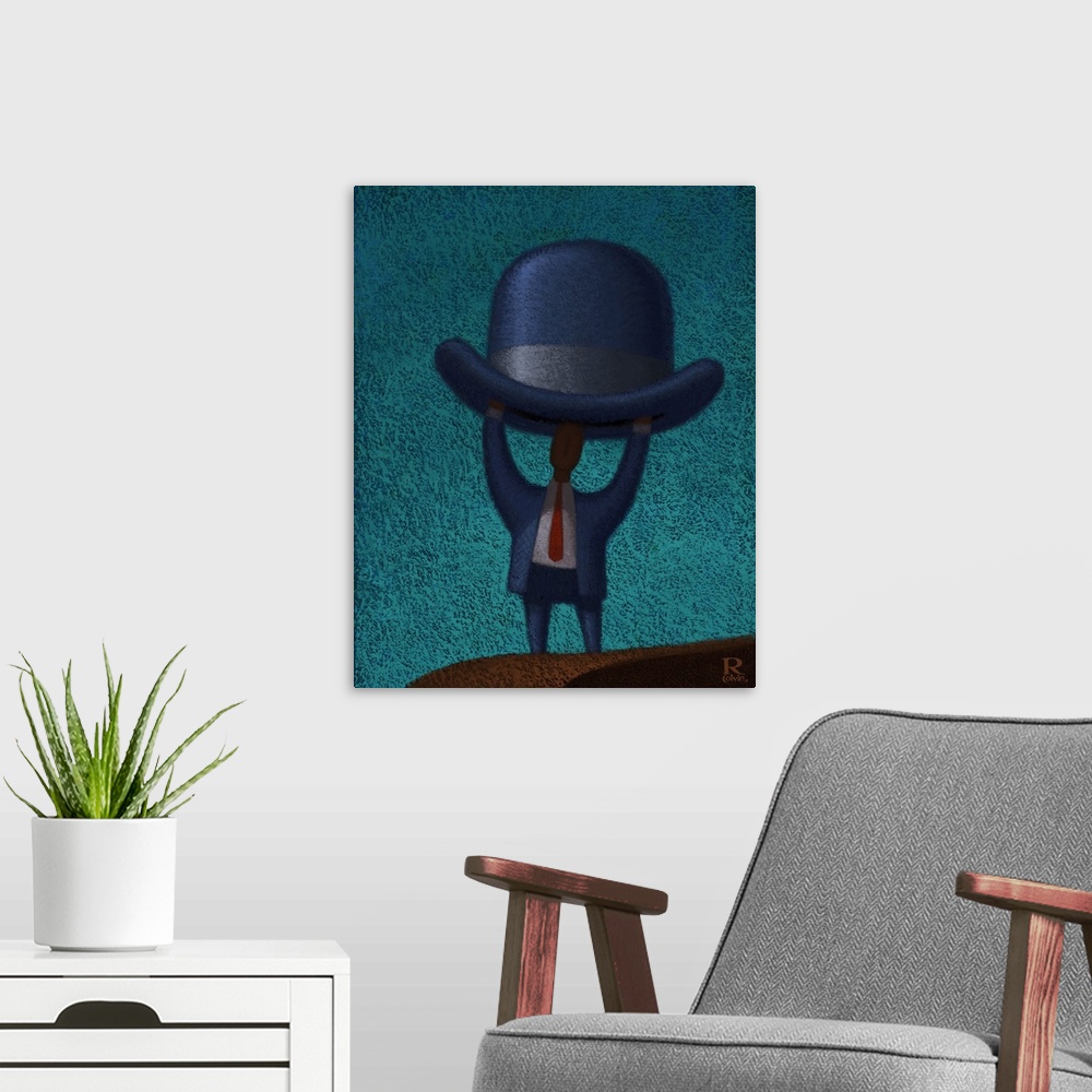 A modern room featuring My new hat can also be used as a shelter. Digital art.