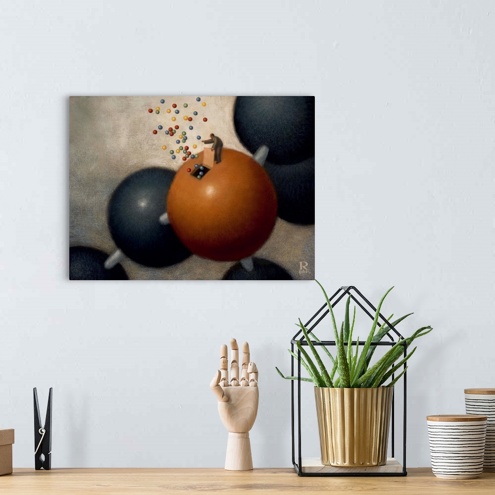 A bohemian room featuring Conceptual painting of a small man opening a door on a molecule letting out more particles.