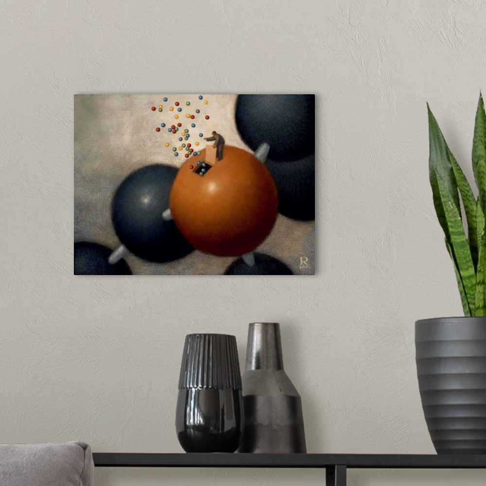 A modern room featuring Conceptual painting of a small man opening a door on a molecule letting out more particles.