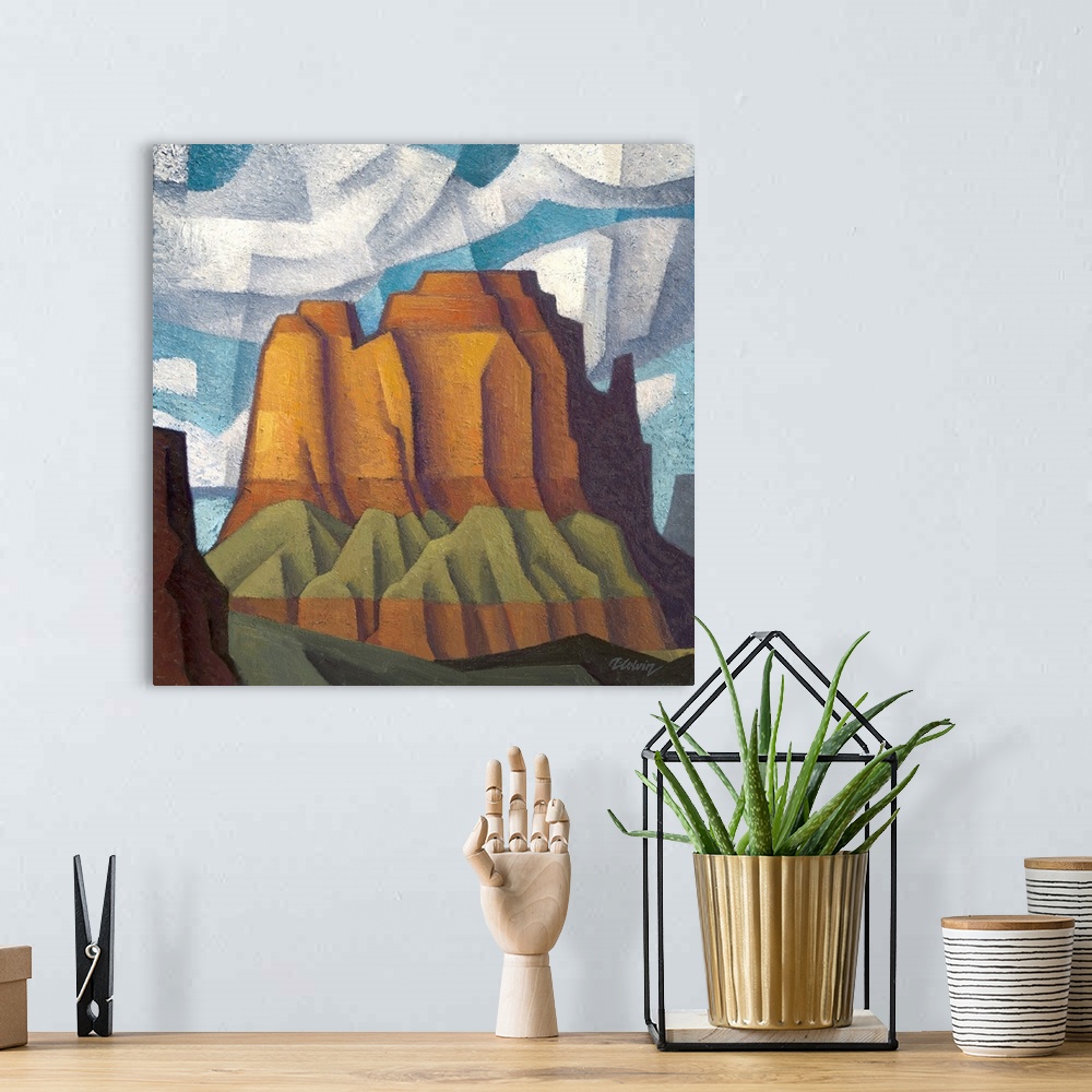 A bohemian room featuring Landscape painting of Potash Butte. Based on a red rock formation in southern Utah. Painted in a ...