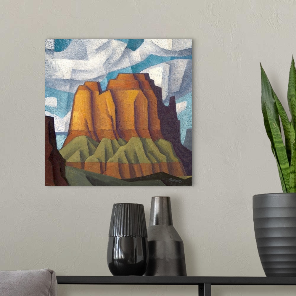 A modern room featuring Landscape painting of Potash Butte. Based on a red rock formation in southern Utah. Painted in a ...