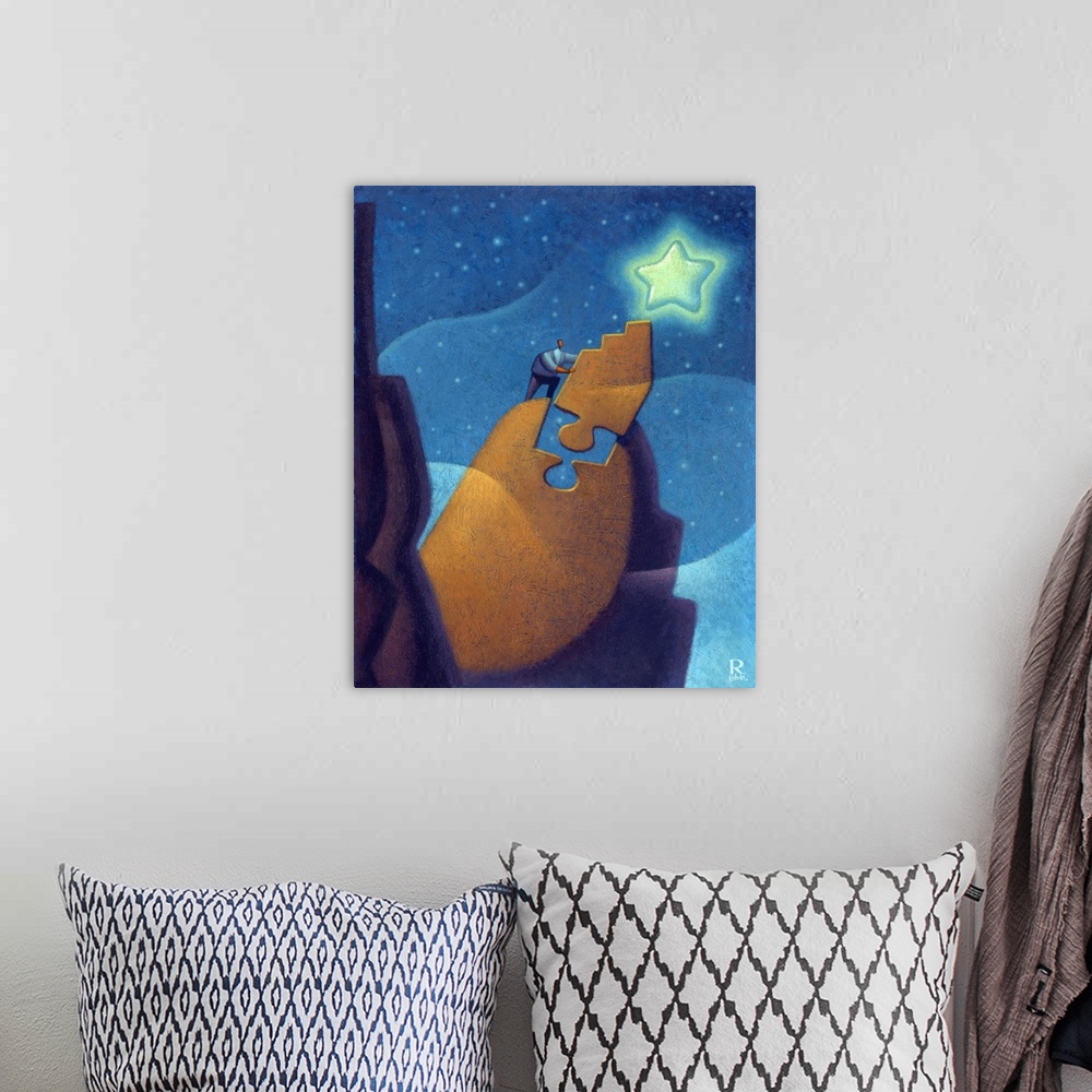 A bohemian room featuring Conceptual painting of a man climbing a mountain with the final puzzle piece put in place to reac...