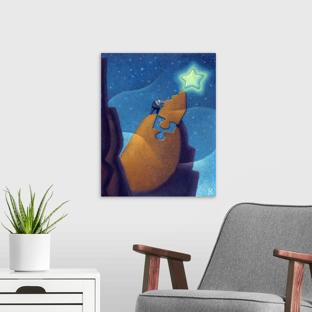 A modern room featuring Conceptual painting of a man climbing a mountain with the final puzzle piece put in place to reac...
