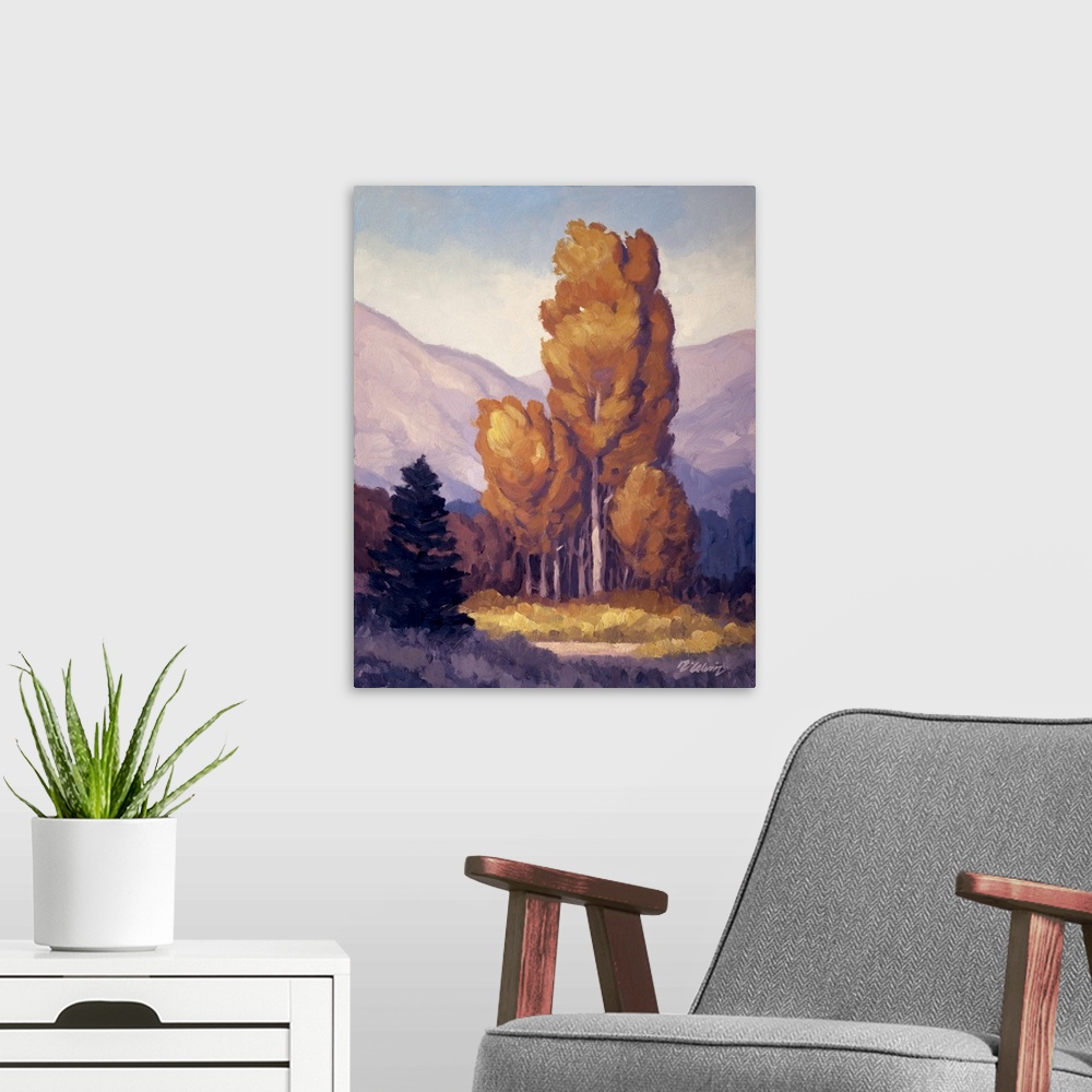 A modern room featuring Landscape painting of trees and mountains with purple tones.