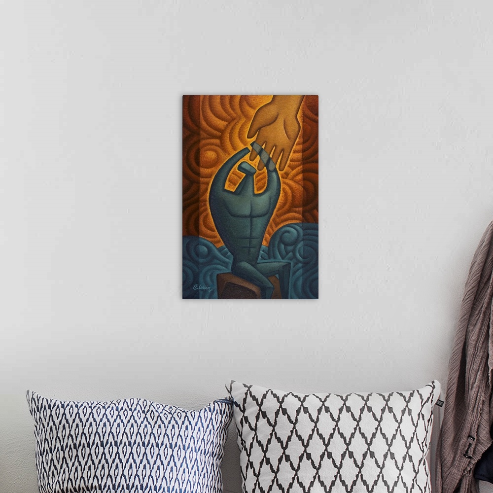 A bohemian room featuring Oil painting of a figure in the storm of life reaching towards God.