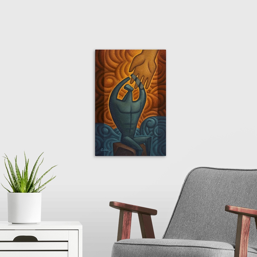 A modern room featuring Oil painting of a figure in the storm of life reaching towards God.
