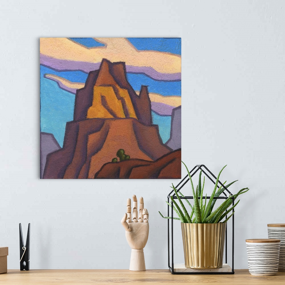 A bohemian room featuring Modernist painting of a mountainous rock formation based upon a butte located in Utah's San Rafae...