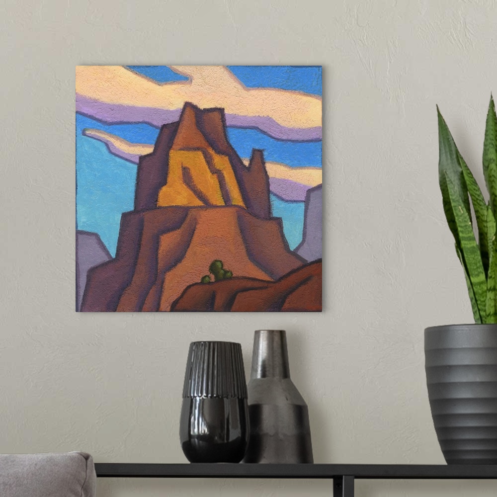 A modern room featuring Modernist painting of a mountainous rock formation based upon a butte located in Utah's San Rafae...