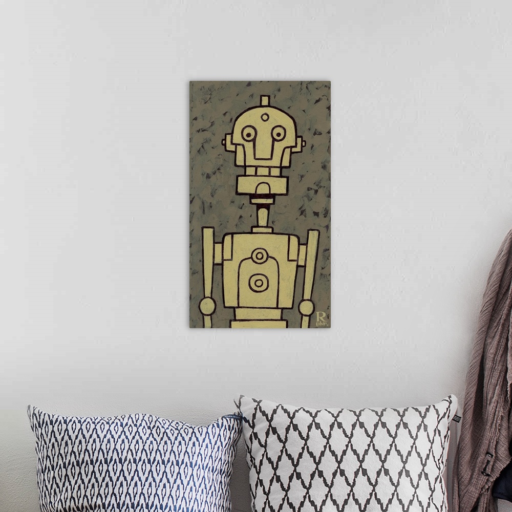 A bohemian room featuring Painting of Mr. Robot Bob. A happy chunk of mechanical parts and ready to serve your needs.
