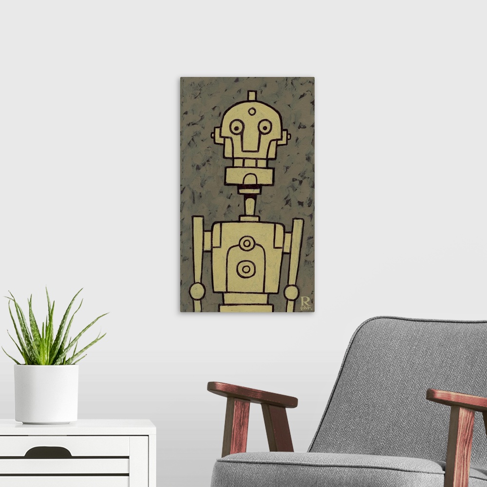 A modern room featuring Painting of Mr. Robot Bob. A happy chunk of mechanical parts and ready to serve your needs.