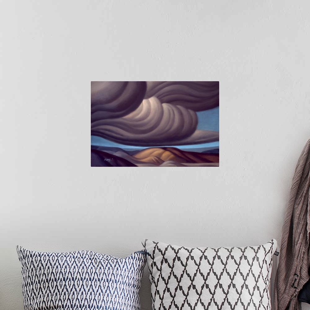 A bohemian room featuring Landscape painting of rolling clouds over a desert landscape.
