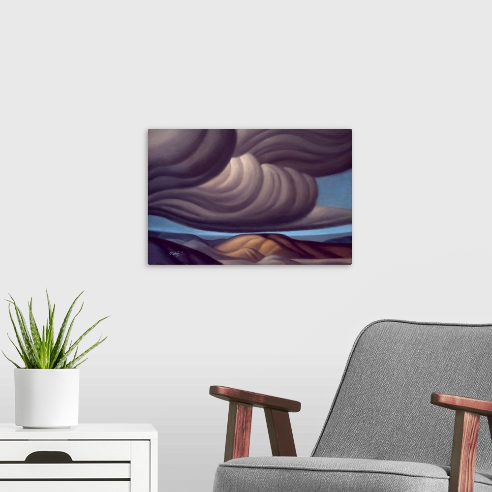 A modern room featuring Landscape painting of rolling clouds over a desert landscape.