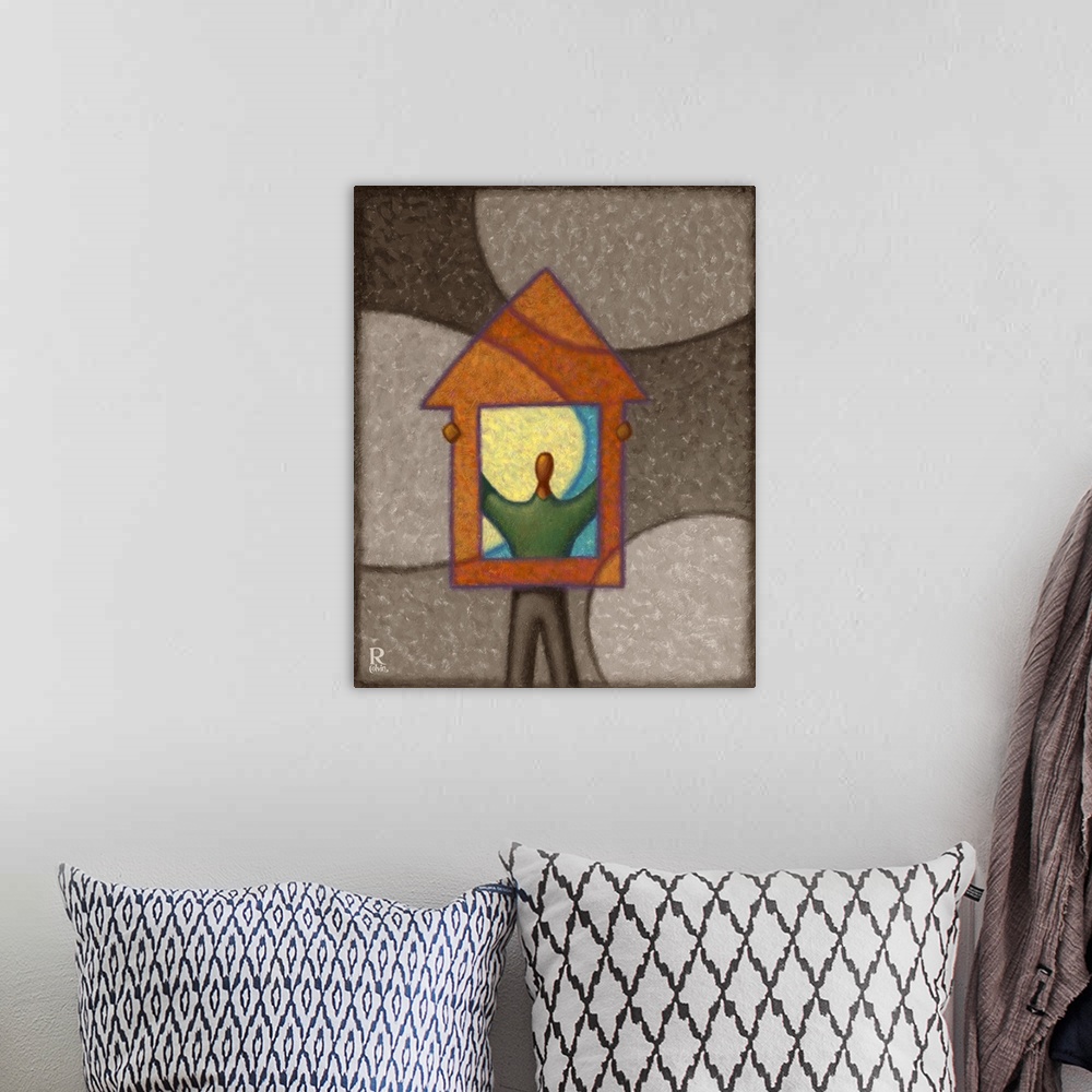 A bohemian room featuring Contemporary artwork of a faceless man holding up a house and shining through the window.