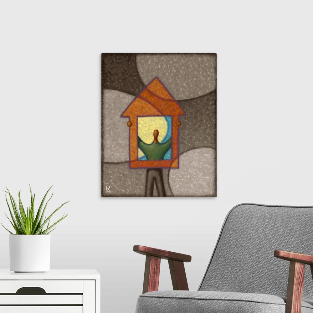 A modern room featuring Contemporary artwork of a faceless man holding up a house and shining through the window.
