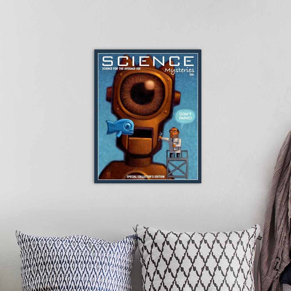 A bohemian room featuring Science Mysteries cover featuring a giant robot and the mad scientist who created him. Also, a fl...