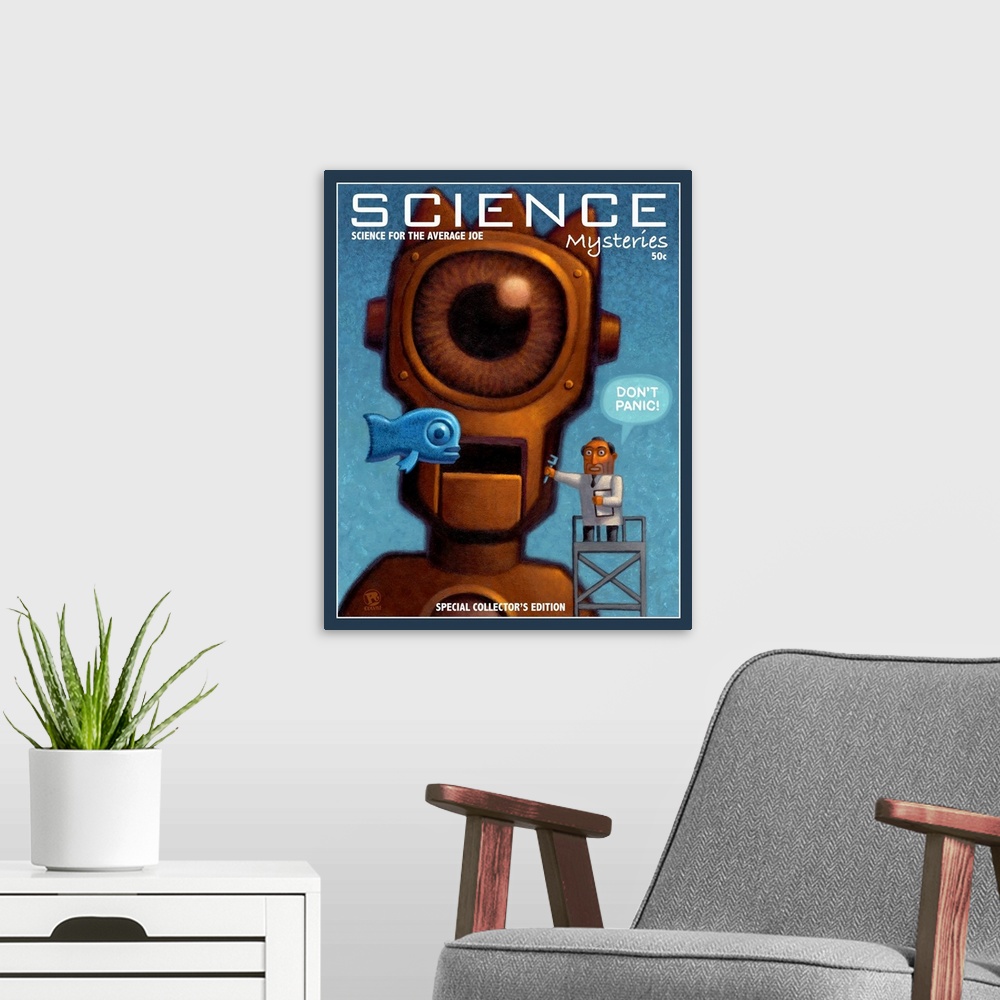 A modern room featuring Science Mysteries cover featuring a giant robot and the mad scientist who created him. Also, a fl...