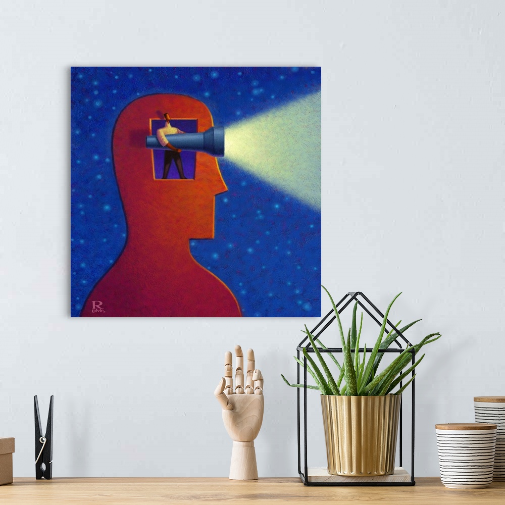 A bohemian room featuring Acrylic and digital painting of a man's head with a window. A smaller man is shining a flashlight...