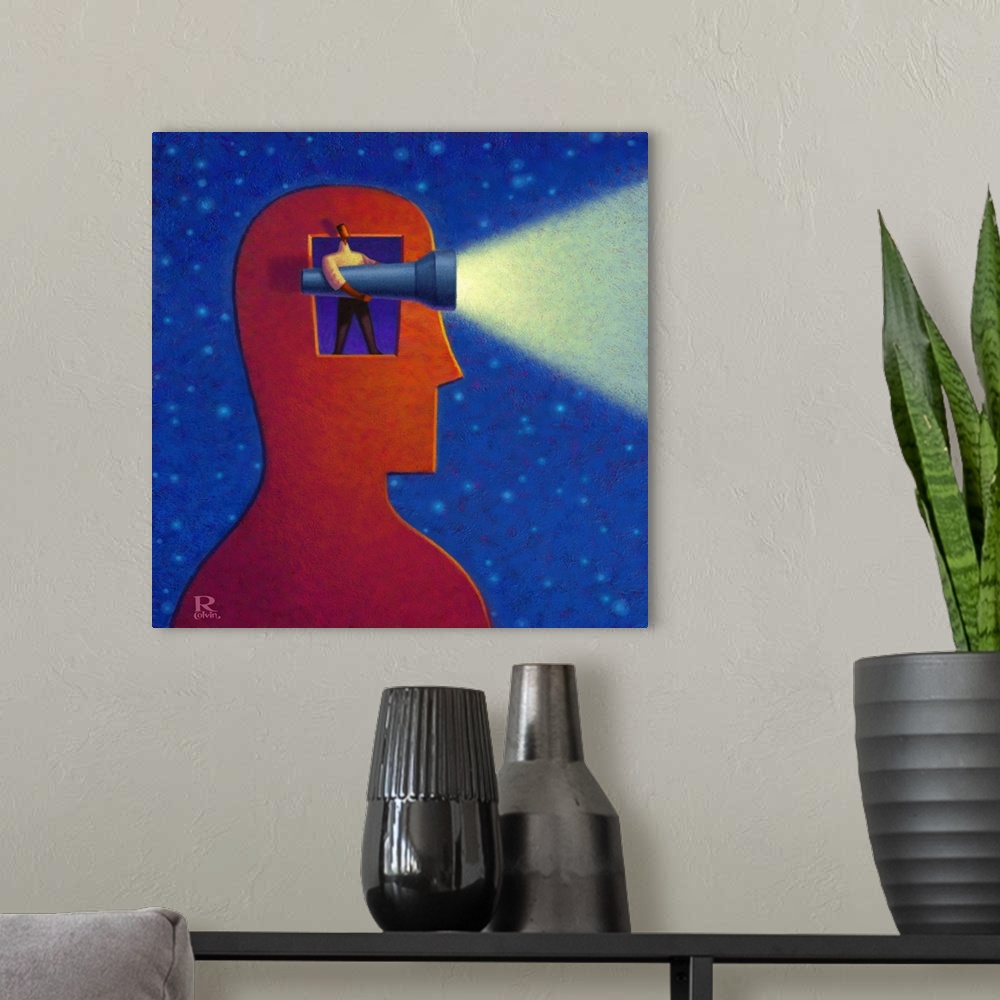 A modern room featuring Acrylic and digital painting of a man's head with a window. A smaller man is shining a flashlight...