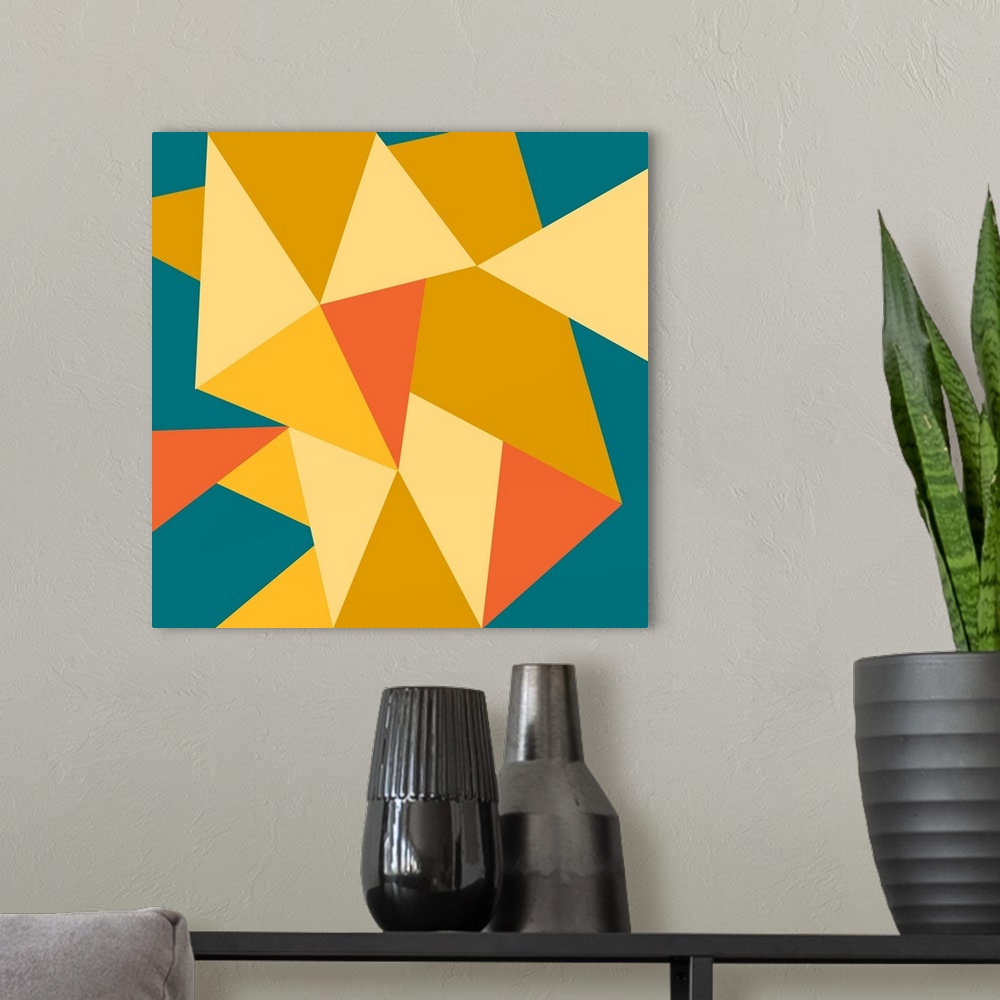 A modern room featuring Modern geometric abstract design in triangles and diamonds.