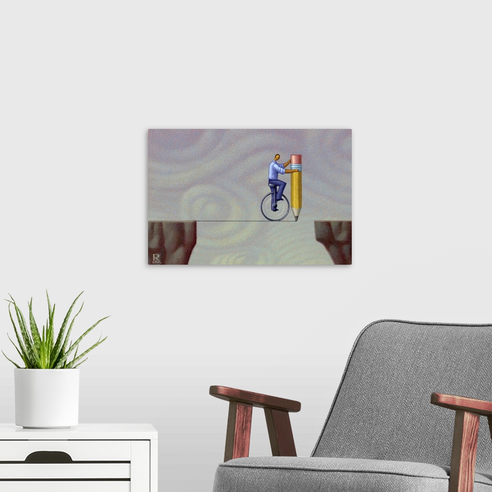 A modern room featuring Conceptual painting of a man crossing a void through the power of his ingenuity.