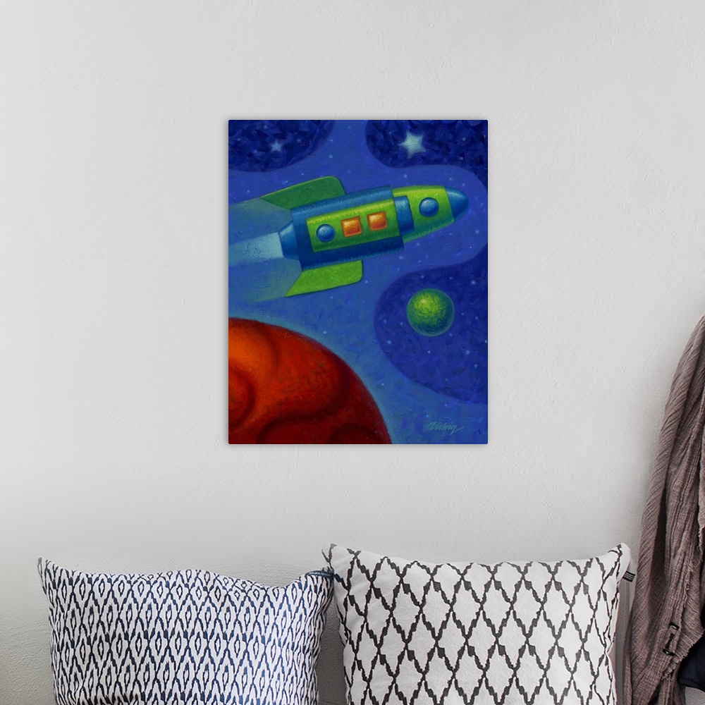 A bohemian room featuring Acrylic painting of a rocket passing over a red planet.