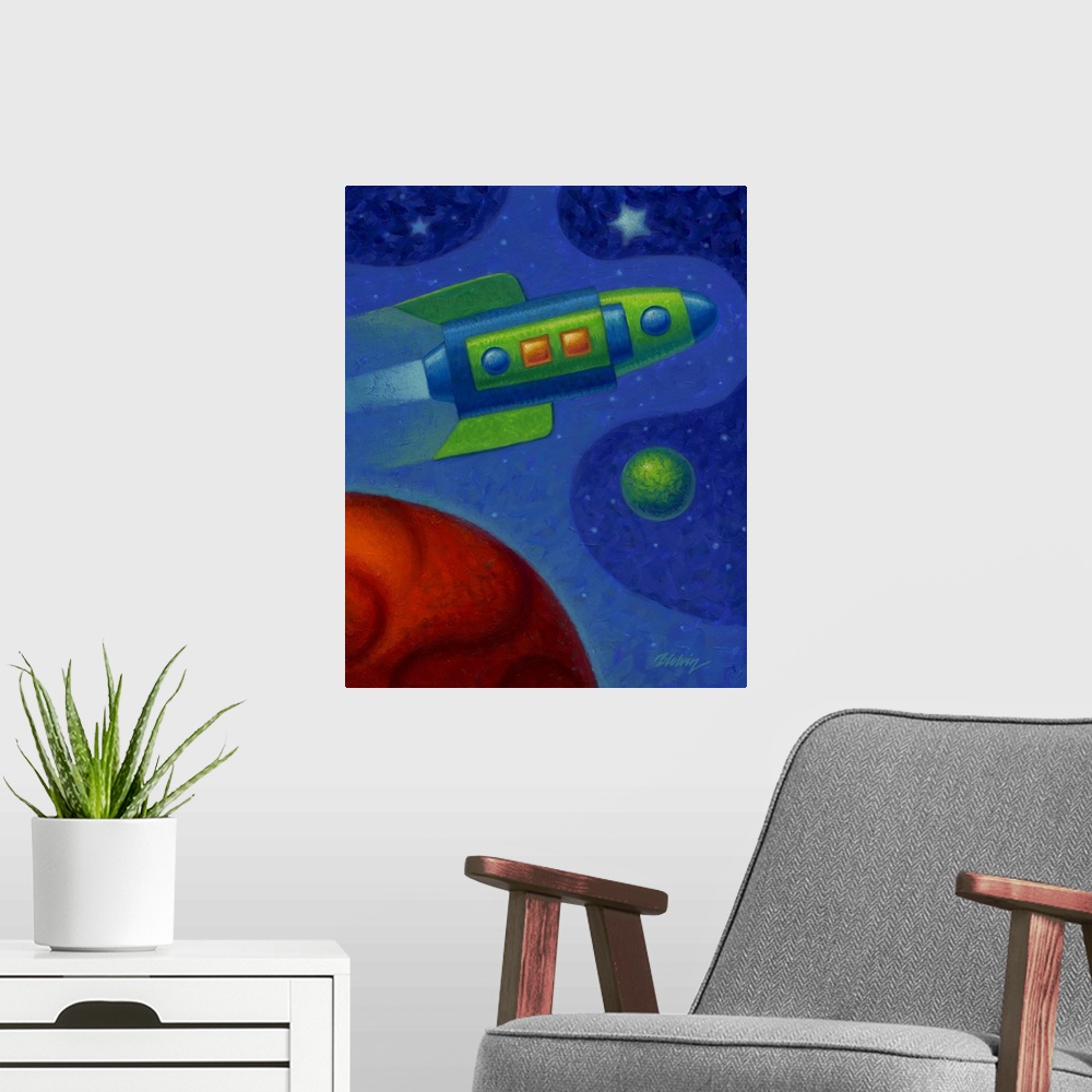 A modern room featuring Acrylic painting of a rocket passing over a red planet.