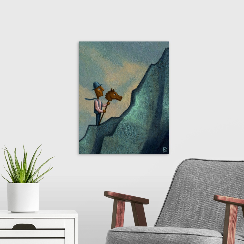 A modern room featuring With the right tools you can accomplish most anything. Conceptual painting of a man riding a toy ...