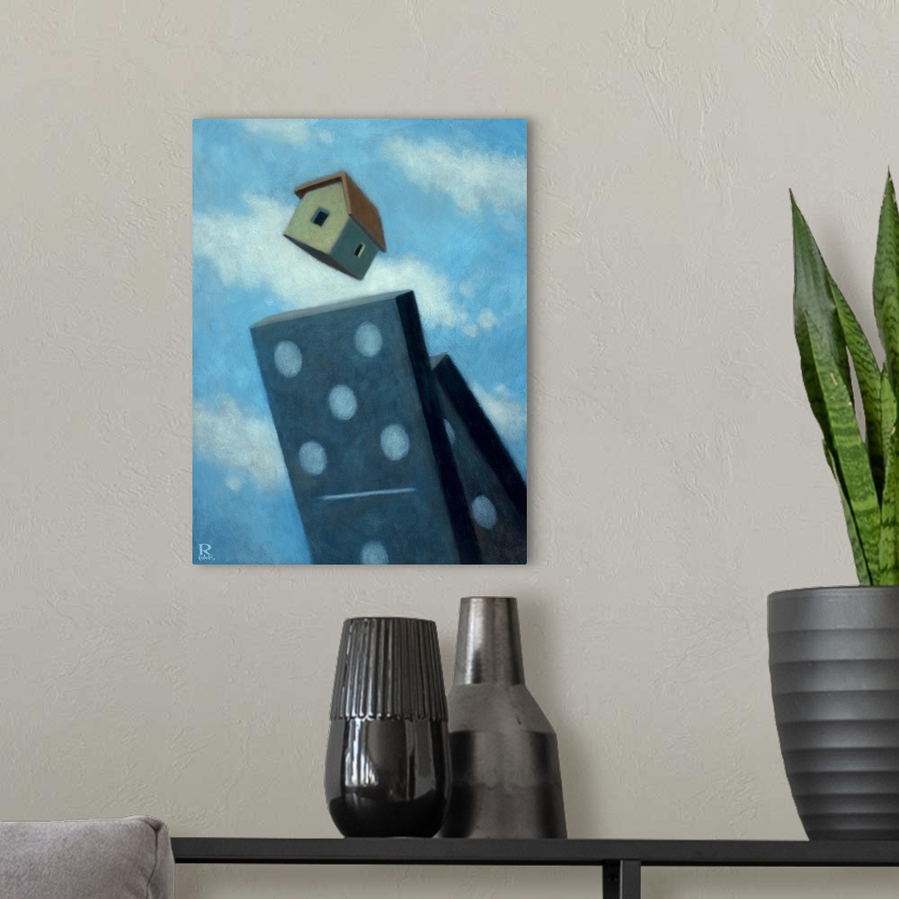A modern room featuring Contemporary painting of dominoes tumbling over and a house falling off the top.