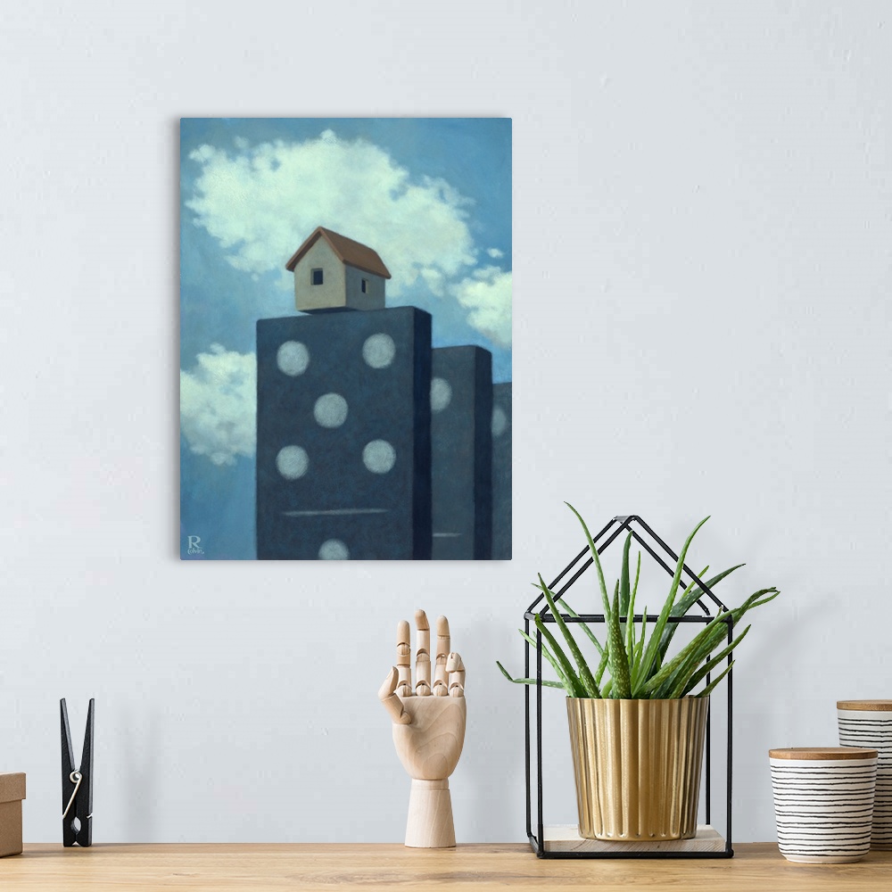 A bohemian room featuring Conceptual painting of large dominoes with a house on top.