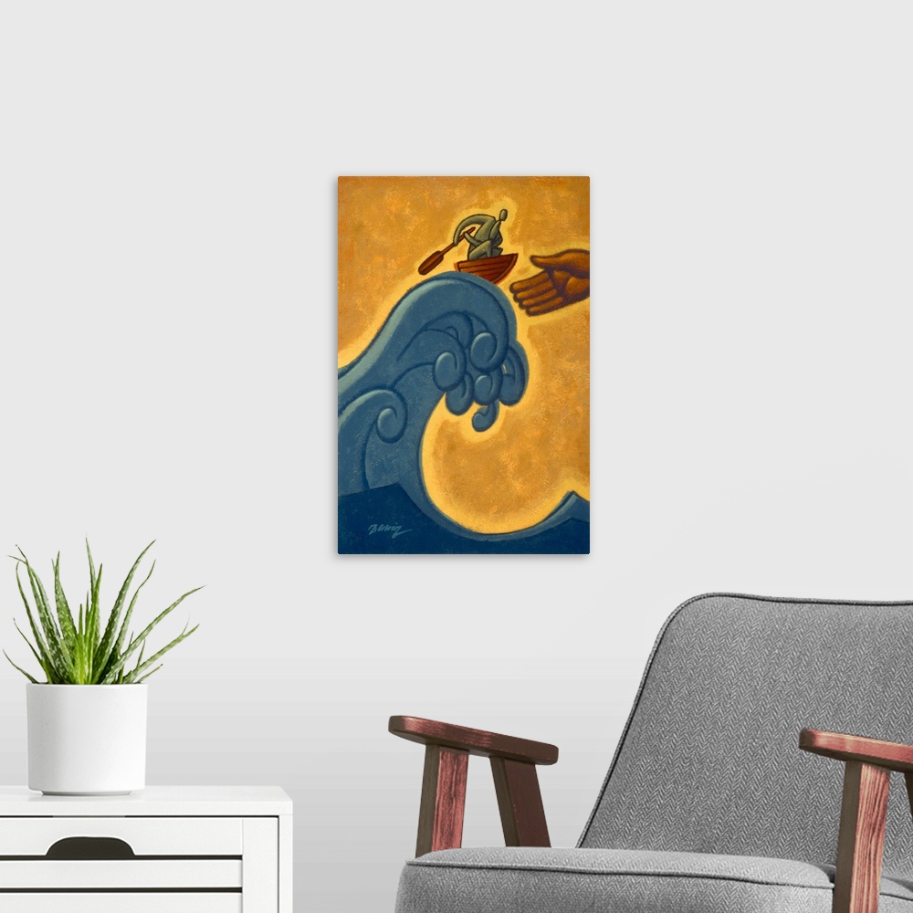 A modern room featuring Contemporary painting of a man in a boat riding a big wave, an outstretched hand reaching out to ...