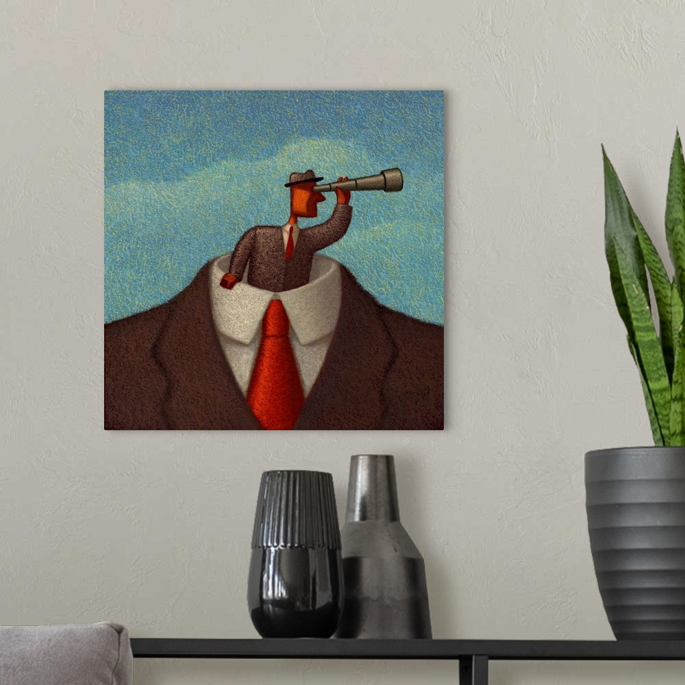 A modern room featuring Conceptual painting of a figure standing within a giant suit with a telescope looking forward. Sy...