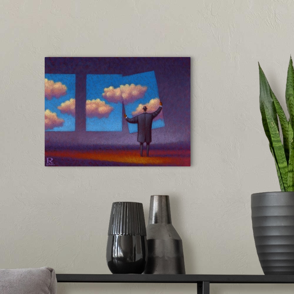 A modern room featuring The Sky Collector continues his quest to collect blue skies for a rainy day.