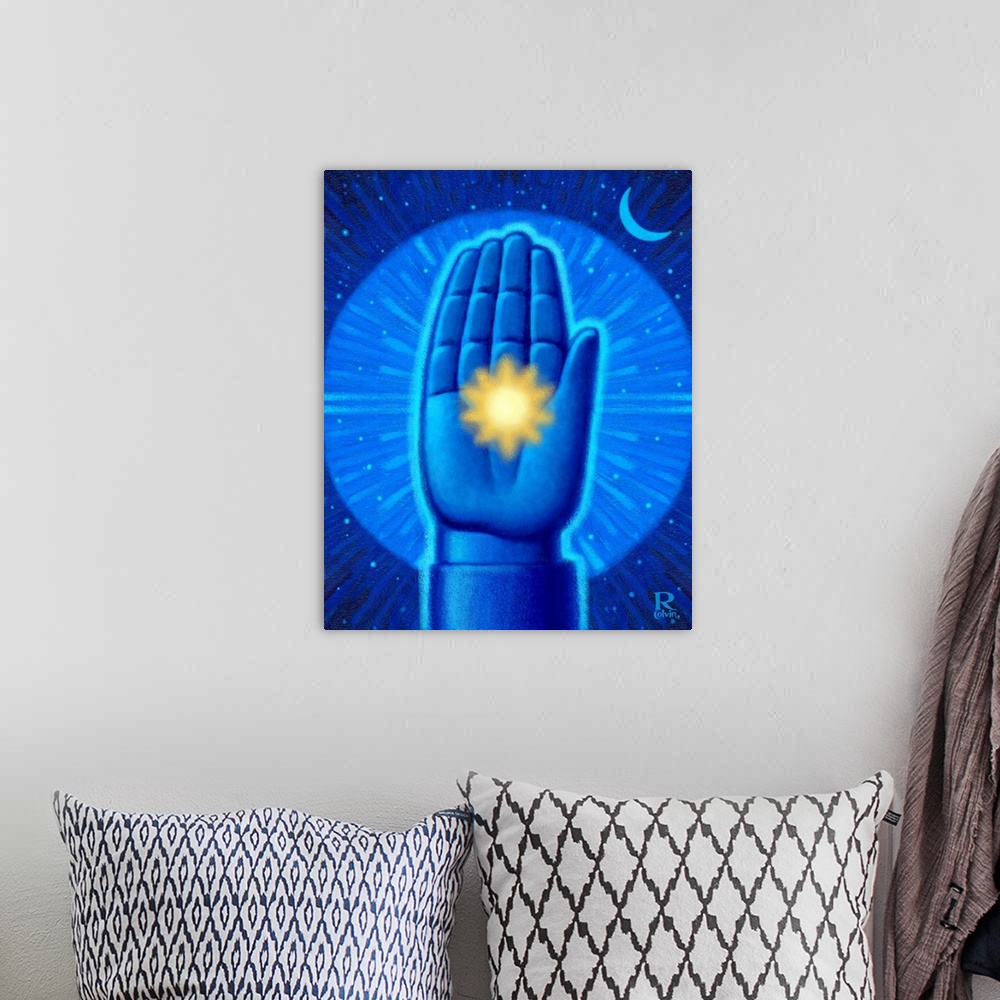 A bohemian room featuring Digital painting of  hand with light generating from the center.