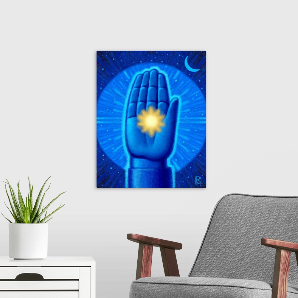 A modern room featuring Digital painting of  hand with light generating from the center.
